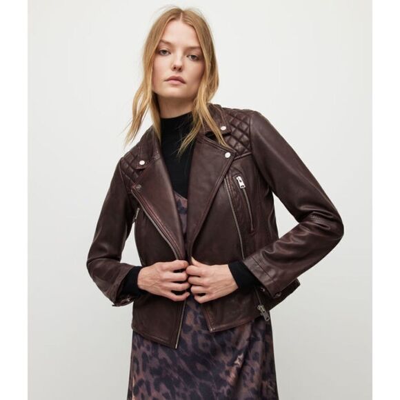 All Saints Catch (Cargo) leather Moto Jacket in Oxford Red - Picture 3 of 12